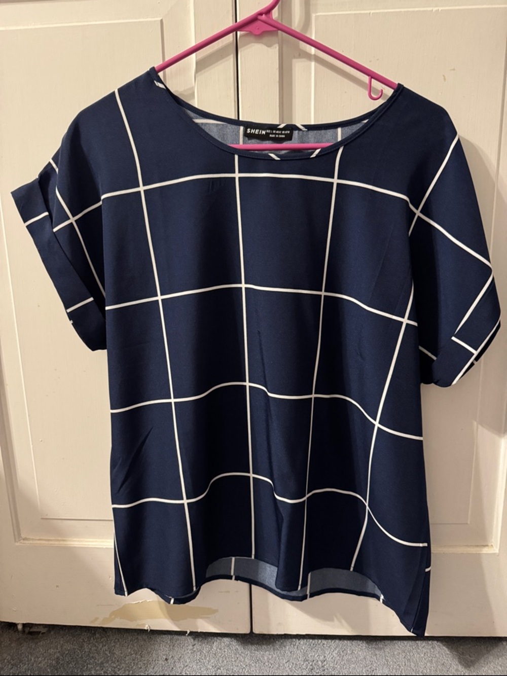 NWOT Navy Windowpane Short Sleeve Blouse